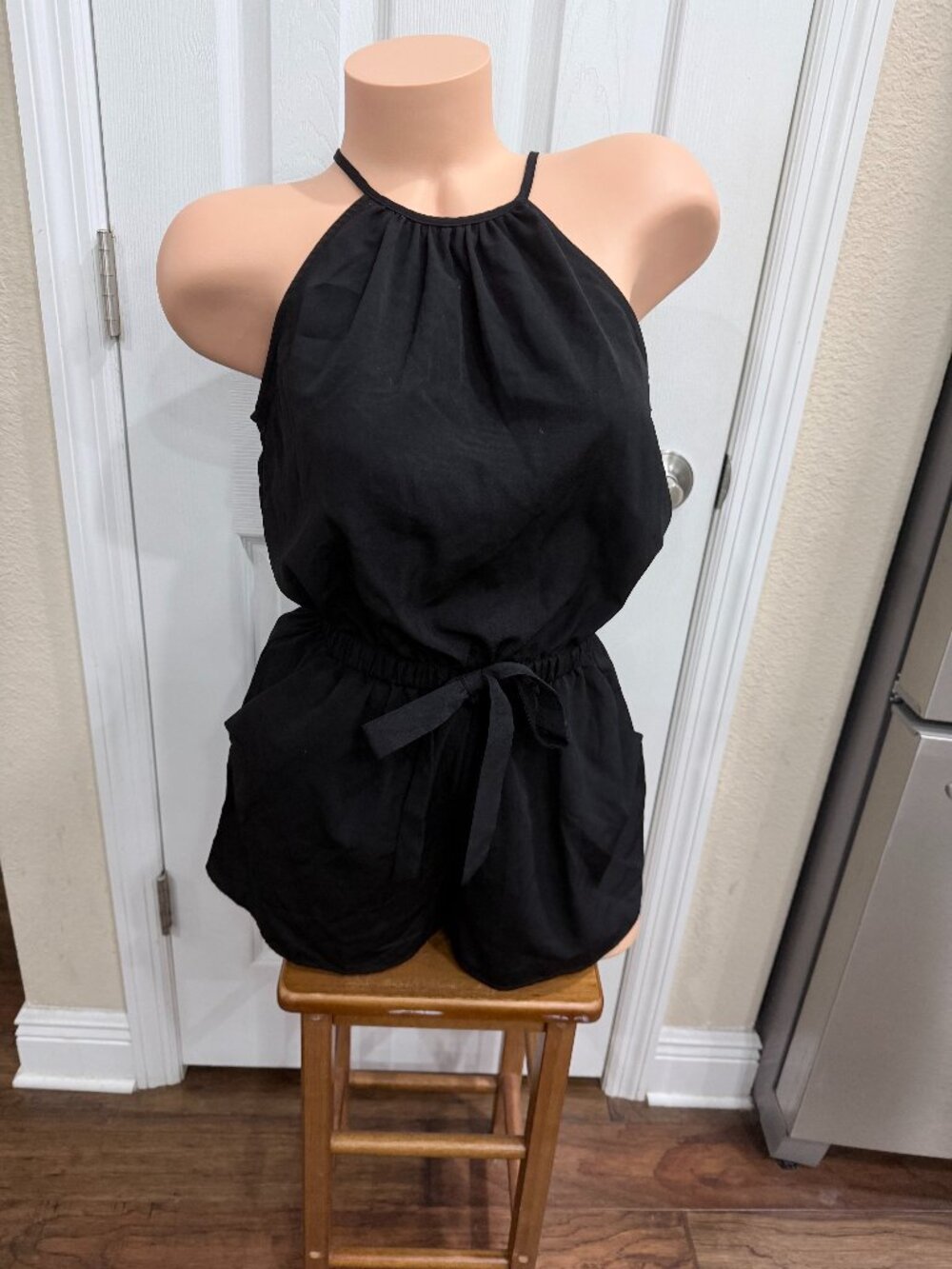 BeBop Black Halter Romper S Open Back Tie Waist Pockets